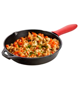 Natural Cookware 12 inch Cast Iron Round Skillet Red Silicon Handle Included